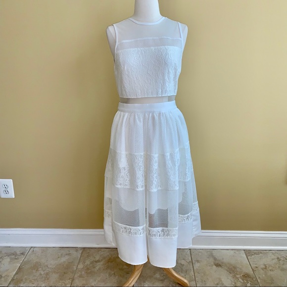 Aqua Dresses & Skirts - Cream Lace & Netting & Sheer Inserts Midi Dress